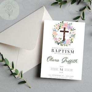 Plantilla de invitación floral para bautizo – Invitación editable para bautizo de niña – Corona de acuarela con cruz de madera – Descarga de Canva