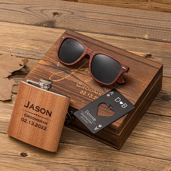 Personalized Wood Sunglasses, Groomsmen Proposal Gifts Set, Engraved Bottle Opener & Flask in Groomsman Gift Box, Best Man Gift, Groom Gift