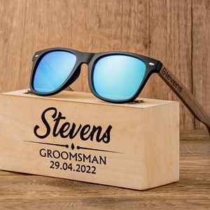 Personalized Walnut Wood Wooden Sunglasses, Custom Engraved Unisex Sunglasses, Wooden Box, Mens Gift, Groomsmen Gift, Groomsmen Sunglasses