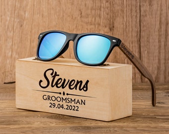Personalized Walnut Wood Wooden Sunglasses, Custom Engraved Unisex Sunglasses, Wooden Box, Mens Gift, Groomsmen Gift, Groomsmen Sunglasses
