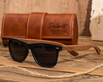 Gafas de sol de madera personalizadas con estuche de cuero, gafas de sol para padrinos de boda, regalos para padrinos de boda, regalo para el novio, regalos para la fiesta de bodas