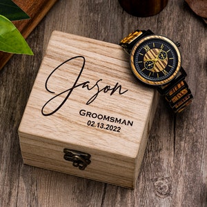 Gegraveerd houten horloge met houten doos - Herenhorloge, jubileumcadeau voor man, huwelijkscadeau voor vader van de bruid, bruidegom, bruidsjonkers geschenken horloge