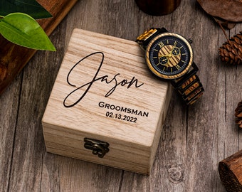 Gravierte Holzuhr mit Holzbox - Herrenuhr, Jahrestagsgeschenk für Ehemann, Hochzeitsgeschenk für Vater der Braut, Bräutigam, Groomsmen Gifts Uhr