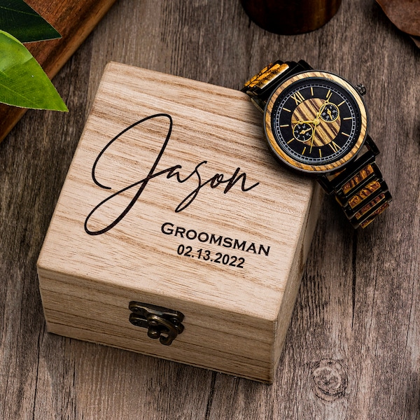 Engraved Wood Watch with Wood Box - Mens Watch, Anniversary Gift For Husband, Wedding Gift for Father of Bride, Groom, Groomsmen Gifts Watch