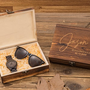 Personalized Watch & Sunglasses in Custom Wooden Gift Box, Groomsmen Gifts Set, Groomsmen Proposal Gift, Best Man Gifts, Fathers Day Gift