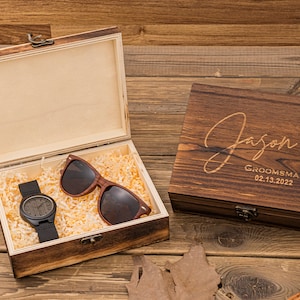 Groomsman Gift Set, Personalized Wooden Watch, Wooden Sunglasses in Wooden Groomsmen Gift Box, Groomsmen Gift, Best Man Gift, Mens Gift