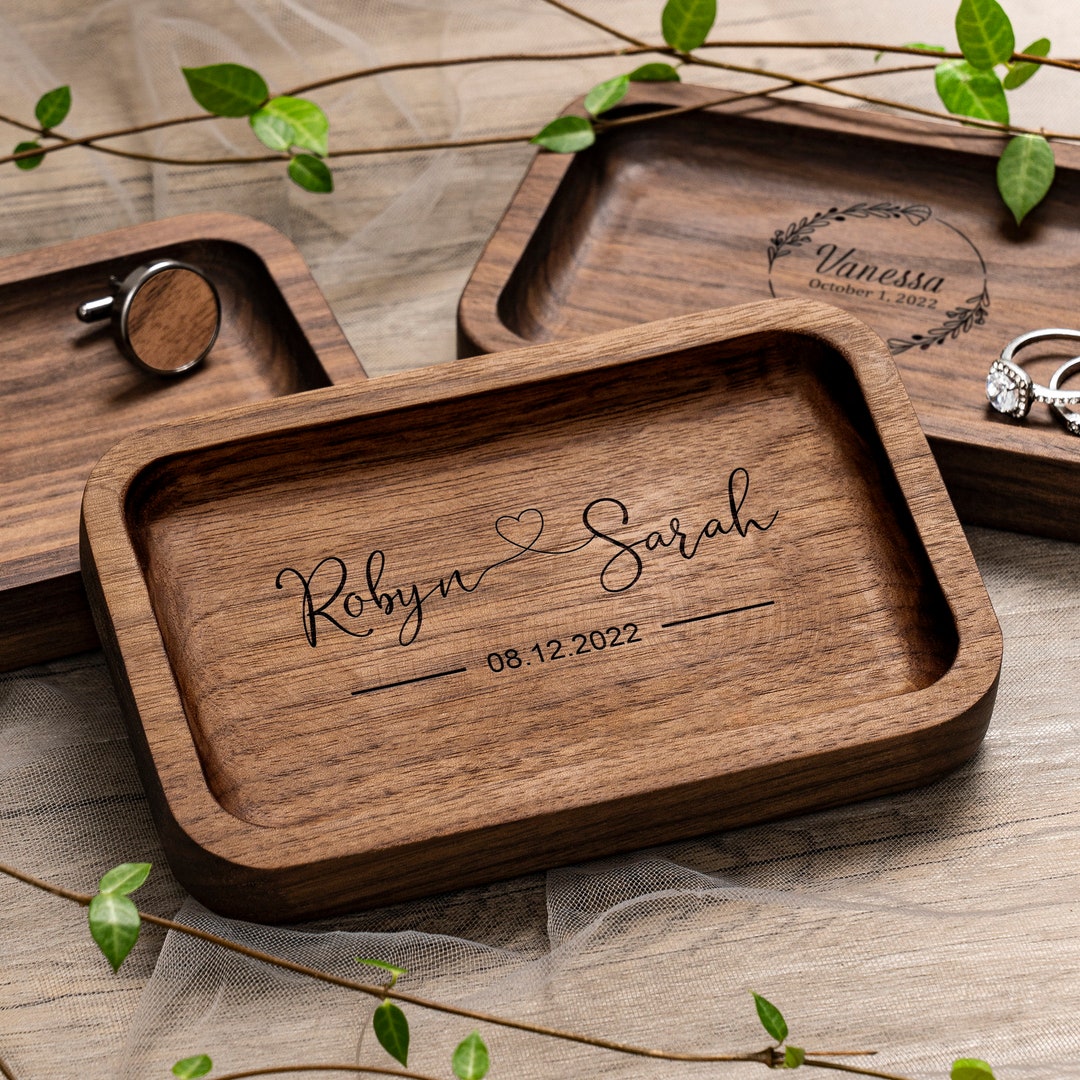 Rectangle Wood Tray, Engraved Key or Ring Dish, Bedside Catchall Tray