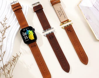 Personalized Leather Apple Watch Band, Custom Name Watch Strap, Valentine's Day Gift for Boyfriend, Gift for Dad, Anniversary Gift for Him