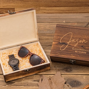 Personalized Wooden Watch, Wooden Sunglasses in Wooden Groomsmen Gift Box, Groomsmen Gift Set, Groomsmen Gifts, Best Man Gift, Mens Gift