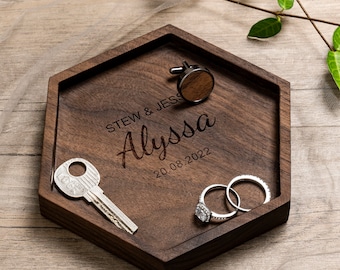 Hexagon Wood Tray, Engraved Key or Ring Dish, Wedding Gift for Mother of the Bride Groom, Bridesmaid Gift, Engagement Birthday Gift for Her