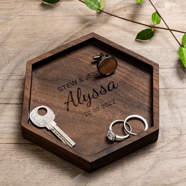 Hexagon Wood Tray, Engraved Key or Ring Dish, Wedding Gift for Mother of the Bride Groom, Bridesmaid Gift, Engagement Birthday Gift for Her