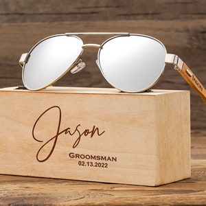 Personalized Bamboo Wood Wooden Sunglasses, Custom Engraved Unisex Sunglasses, Wooden Box, Mens Gift, Groomsmen Gifts, Groomsmen Sunglasses