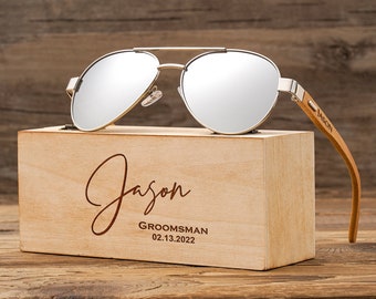 Personalized Bamboo Wood Wooden Sunglasses, Custom Engraved Unisex Sunglasses, Wooden Box, Mens Gift, Groomsmen Gifts, Groomsmen Sunglasses