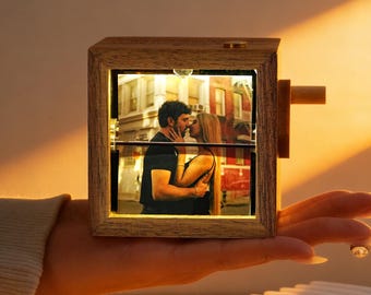 Personalized Photo Flipbook Animation Box, Custom Wood Photo Box with Light, Crank Photobook Box, Creative Birthday Anniversary Gift For Her