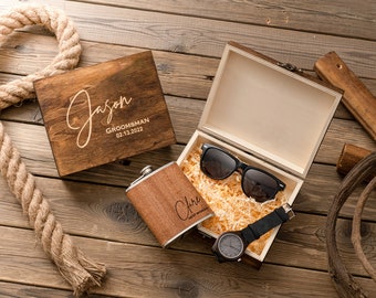 Groomsmen Gifts Set, Personalized Watch & Sunglasses in Custom Wooden Gift Box, Groomsmen Proposal Gift, Groomsmen Flask, Best Man Gifts