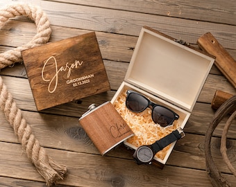 Groomsmen Gifts Set, Personalized Watch & Sunglasses in Custom Wooden Gift Box, Groomsmen Proposal Gift, Groomsmen Flask, Best Man Gifts