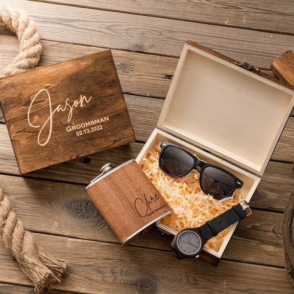 Conjunto de regalos de padrinos de boda, reloj personalizado y gafas de sol en caja de regalo de madera personalizada, regalo de propuesta de padrinos de boda, matraz de padrinos de boda, regalos de padrino