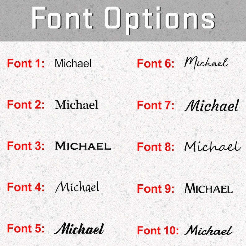 Puede incluir: Diez opciones de fuente diferentes para el nombre Michael, mostradas en una cuadr&iacute;cula. Las fuentes van de simples a decorativas.