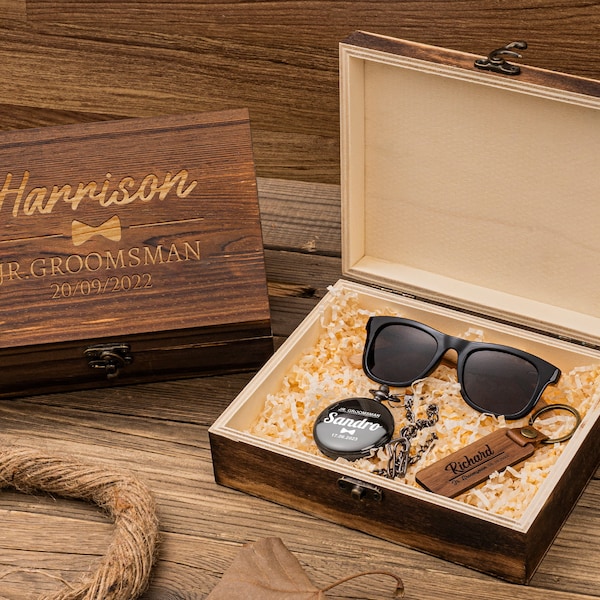 Jr. Groomsmen Gift Set, Engraved Pocket Watch, Walnut Wood Keychain, Ring Security Sunglasses, Wedding Gift for Kid, Custom Ring Bearer Gift