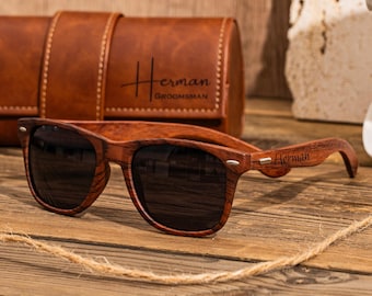 Gafas de sol de madera personalizadas con estuche de cuero, gafas de sol para padrinos de boda, regalos para padrinos de boda, regalo para el novio, regalos para la fiesta de bodas