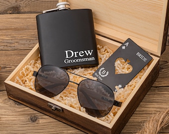 Personalized Groomsmen Gifts Set, Groomsmen Wood Sunglasses, Engraved Bottle Opener & Flask in Groomsman Gift Box, Best Man Gift, Groom Gift