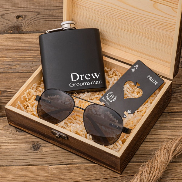 Personalized Groomsmen Gifts Set, Groomsmen Wood Sunglasses, Engraved Bottle Opener & Flask in Groomsman Gift Box, Best Man Gift, Groom Gift
