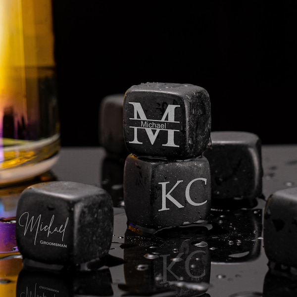 Pierres glacées au whisky personnalisées - Roches de basalte noir de qualité supérieure fabriquées à la main, coffret cadeau au whisky, cadeaux pour garçons d’honneur, cadeau de fête des pères pour lui