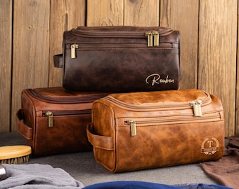 Personalized Mens Toiletry Bag, Groomsmen Gifts-Leather Toiletry Bag for Anniversaries, Groomsmen or Him-Laser Engraved Leather Travel Kit