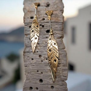Khiki Earrings | Gold-Toned Brass Feather Dangles with Sterling Silver Finishings