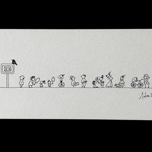 Parada de autobús. Dibujo original realizado con tinta sobre cartón (22,5 × 8,2 cm).
