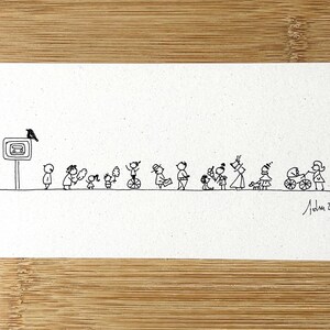 Parada de autobús. Dibujo original realizado con tinta y grafito sobre cartón (22,5 × 8,2 cm).