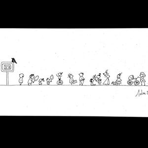 Parada de autobús. Dibujo original realizado con tinta sobre cartón (22,5 × 8,2 cm).