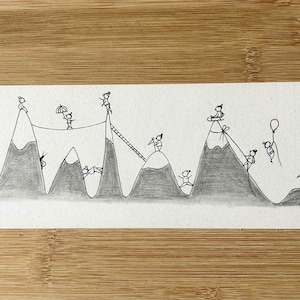 登山。厚紙にインクと黒鉛で描いた原画（22.5 × 8.2 cm）。