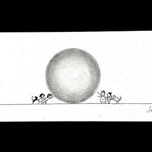 Equilibrio familiar. Dibujo original realizado con tinta y grafito sobre cartón (22,5 × 8,2 cm).