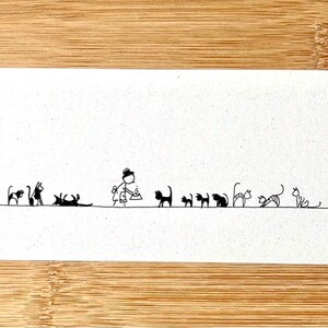 La Dame aux chats. Dessin original réalisé à l'encre et au graphite sur carton (22,5 × 8,2 cm).