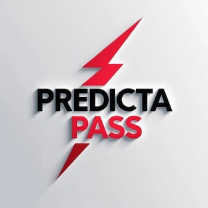 Puede incluir: Diseño gráfico con las palabras "PREDICTA PASS". "PREDICTA" es negro y "PASS" es rojo. Un rayo rojo está detrás del texto, sobre un fondo blanco. El texto tiene un efecto 3D.