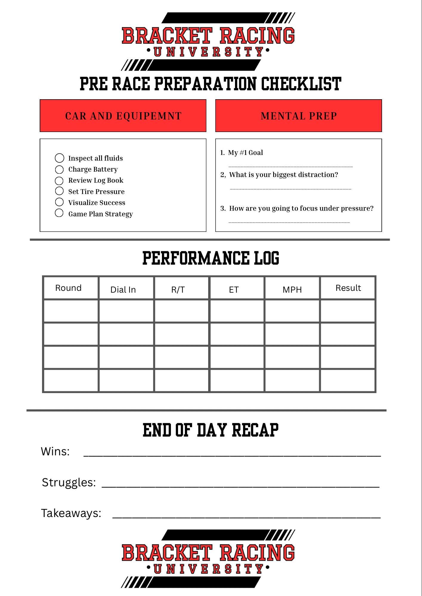 Bracket Racing Routine Sheet Printable Race Weekend Planner Drag Racing ...