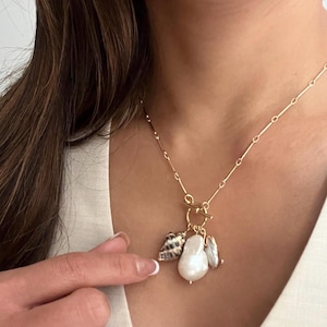 Raw Baroque Pearl and Natural Shell Gold Necklace