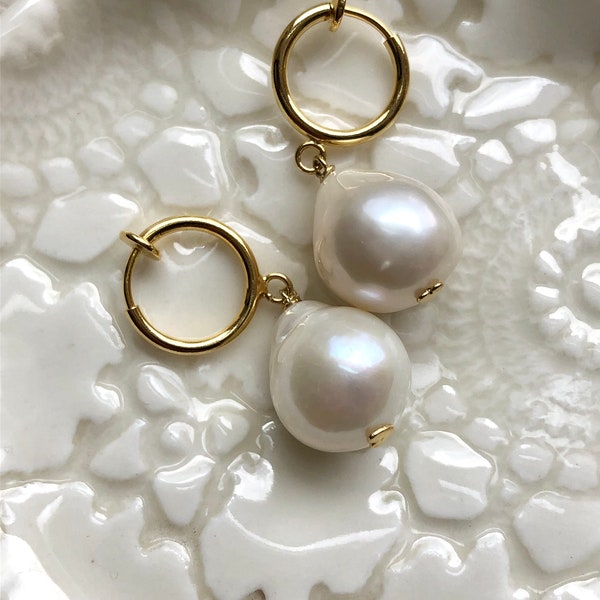 Teardrop Baroque Pearl Hoop Clip-on Earrings