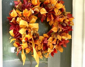 Fall Leaves Wreath: Farmhouse Autumn Door Decor with Burnt Orange Bow