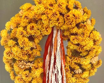 Handmade Golden Mum Wreath | Autumn Harvest Decor with Ribbons