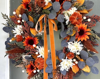 Fall Sunflower Wreath with Velvet Pumpkins | Autumn Front Door Decor