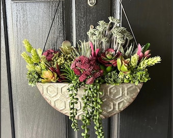 Modern Faux Succulent Door Hanger | Half-Moon Galvanized metal Wall Planter | Front Door Wreath Alternative | Farmhouse Porch Decor