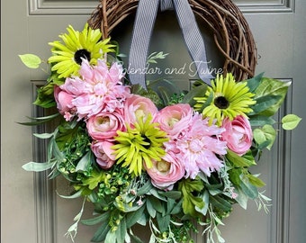 Summer Wreath | Pink and Green floral wreath for Front Door