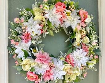 Summer wreath | Dahlia floral wreath | Front door wreath | Cottage garden decor