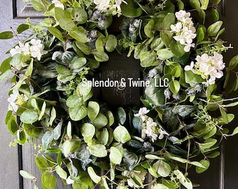 Blueberry Wreath for Front Door | Spring Summer Greenery Wreath | White Floral Eucalyptus Wreath | Farmhouse Decor | Year Round Entryway