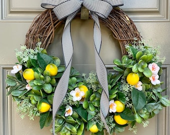 Summer Wreath | Lemon decor, Citrus, Striped Ribbon, Front Door Decor