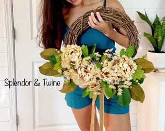 Peony & Magnolia Fall Wreath | Cream Velvet Ribbon Door Decor