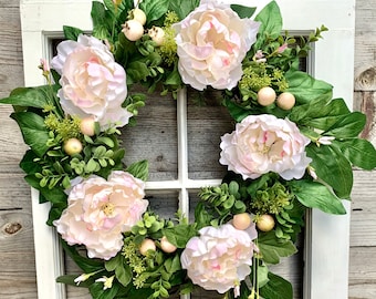 Peonies Spring wreath | Wreath for front door | Summer wreath | Modern Farmhouse wreath | Front door decor | Year  round wreath