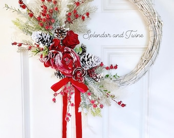 READY-TO-SHIP White winter wreath | Red and white | Frosted flower wreath | Christmas wreath |